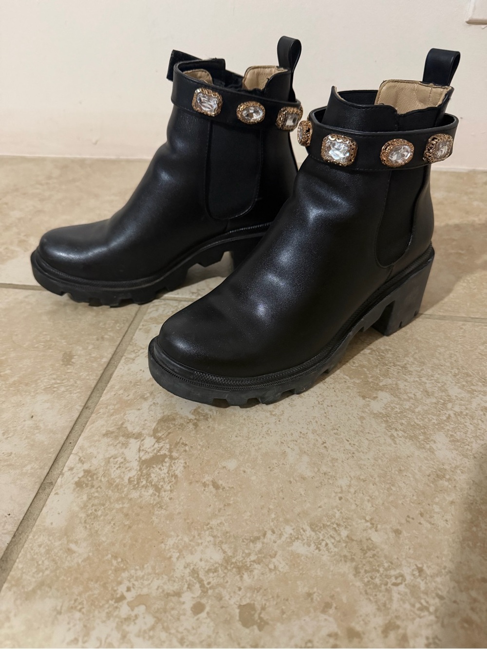 Steve Madden Black Leather Chunky Heel Ankle Boots with Crystal-Stud Strap